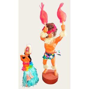 Vintage Hawaiian Tiki Dancers Dolls - Handcrafted Intricate Details Music Box &